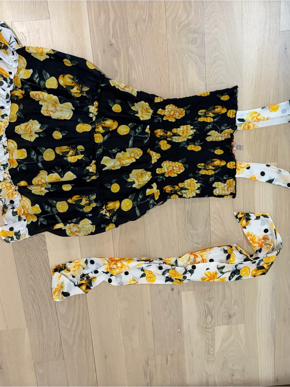 River Island Smocked Black & Yellow Floral Tie-Waist Sundress - Picture 4 of 5